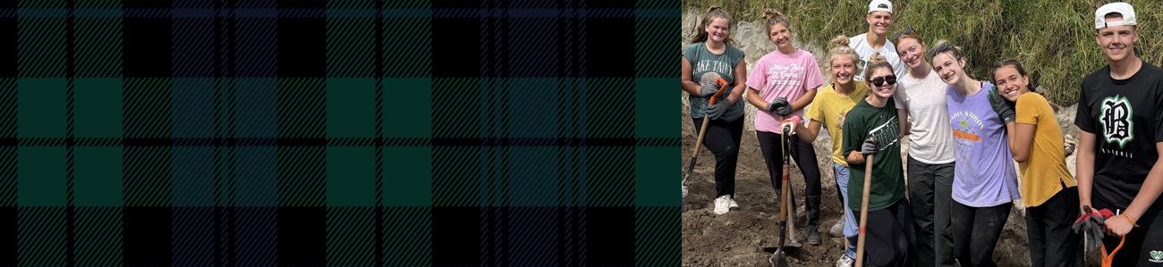 Mission and Ministry composite header image featuring the approved Mission and Ministry plaid and school imagery.